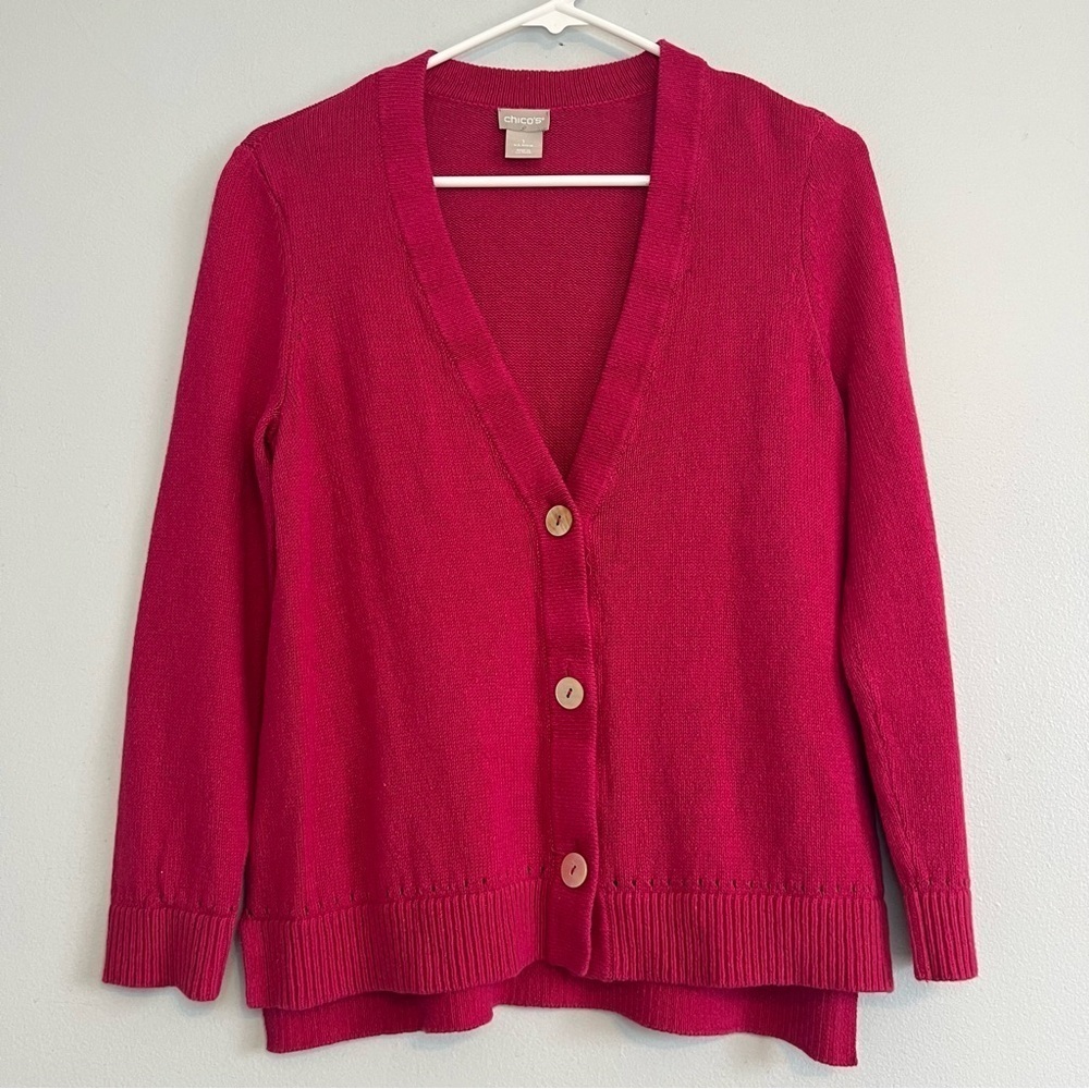 Chico's  Linen Cotton Knit Button Up Cardigan Sz M Pink V Neck Barbie Casual
